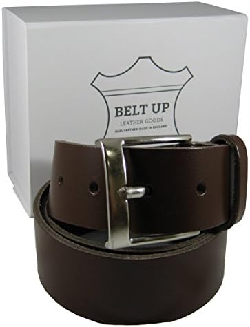 BELT UP® - Premium Mens Stylish Trouser 1.5 inch Belt 100% REAL LEATHER Black/Brown/Tan, Heavy Duty Chrome Style Buckle, Quality Assured MADE IN ENGLAND 100% Guaranteed (Brown, Large 35" - 40")