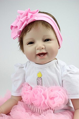 Nicery Reborn Baby Doll Soft Simulation Silicone Vinyl 22inch 55cm Magnetic Mouth Lifelike Toy Smile Princess Girl Pink Dress