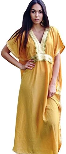 New Handmade Ladies Kaftan Resort Wear Cover-up Fashion Dark Yellow Marine Cotton Caftan