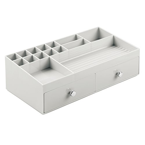 InterDesign Drawers Schubladen Organizer | Schminkbox mit 2 Schubladen zum Sortieren von Make-Up, Schmuck, Kosmetik etc. | auch als Ordnungssystem für das Büro geeignet | Kunststoff hellgrau