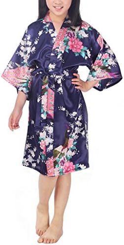 Waymoda Girls Luxury Silky Satin Evening Dressing Gown, Kids Peacock and Blossoms Pattern Kimono Robe, 10+ Color, 3-14 Year Old Sizes Optional - Darkblue