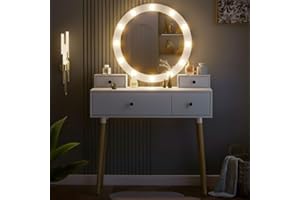 Blisswood Dressing Table with Led Light & Round Mirror, White Vanity Desk with 2 Drawer & 3 Colour Adjustable Brightness Mirror, Modern Make Up Table For Bedroom & Perfect Girls Gift