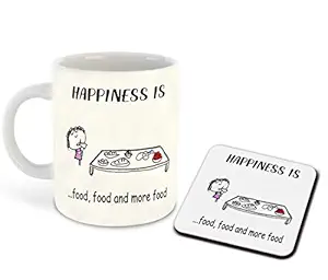 DecorVecor - Happiness is Food Food and More Food Printed White Inner Colour Ceramic Coffee Mug with Coaster | Drink | Milk Cup - Best Gift | Happiness, (Design 1)