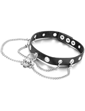 Oidea Herren Damen Halsband Halskette, Gothic Lolita Choker Halsfessel Lederkette mit Kette Ring Totenkopf Schädel...