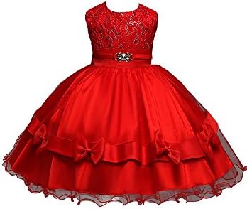 YAKADI Girls Princess Flower Pearl Edge Dress Swing Bowknot Party Wedding - Red - 100 cm