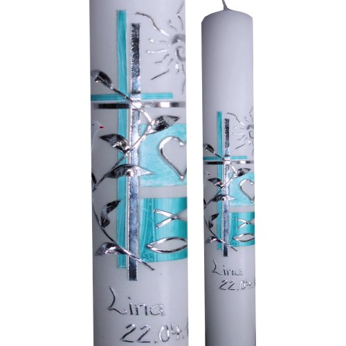 Taufkerze Kommunionkerze Mädchen Junge Sonne Herz Fische Taube 400x40mm mit Namen Datum Farbe wählbar ITP161 - 4