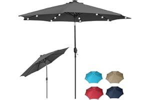 Panana 2.7M Garden Parasol with 24 Solar LED Lights Sun Shade Outdoor Umbrella 8 Sturdy Ribs with Crank and Tilt Mechanism for Poolside, Deck, Patio and Balcony
