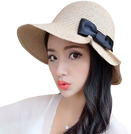 Jewelry Rarity Fashion Girls Classic Straw Hat Foldable Summer Sun Hat Sunscreen Beach Sun Cap Female Outdoor Travelling and Cycling Bowknot Straw Hat(khaki)