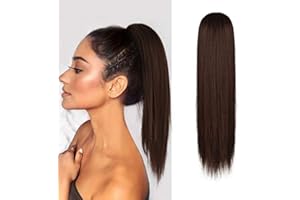 BARSDAR Ponytail Extensions, Short Straight Drawstring Ponytail Hair Extensions Synthetic Hair Ponytail Clip in Ponytail 14 inch Fluffy Yaki Hairpiece for Women Girls-Darkest Brown mix Light Auburn