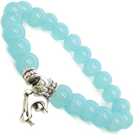 Pastel Aqua Blue Glass Beads and Dolphin Charm Elasticated Design Unisex Whirlybird Fantastic Fashionable Trendy Bracelet Band perfect for the Beach Summer Music Festival New