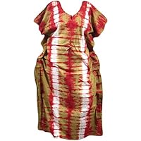 Mogul Interior Women's Kaftan Cotton House Dress Red Brown Tie-Dye Kimono Caftan
