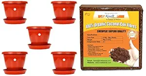 Kraft Seeds 8-inch Garden Balcony Flowering Planter with Bottom Plate/Tray (Red/Terracotta, Pack of & Compressed CocoPeat Block, 5Kg Combo