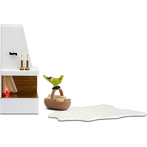 Preisvergleich Produktbild Puppenhaus Zubehör beleuchtetes Kamin mit Teppich und Holzscheiten: Beleuchtetes Kamin Teppich Holz Puppenstube Smaland Lundby