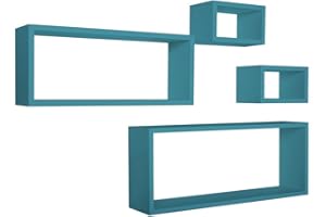 MODULARREDO | MERLINO Set 4 Mensole da Muro, Pensile Bagno, Mensola Parete, Scaffale Parete, 75x30 p15.5 cm, 60x25 p15.5 cm e 2 da 25x15 p15.5 cm, Kit Tasselli Incluso, Blu Atollo - Made in Italy