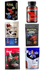 Best 6 Guppy Fish Foods Combo Pompano Fancy Guppy, Royal Guppy Food, Eagle, Growthwin, WA Nutrina, Hikashi Guppy Food from RedBeaks