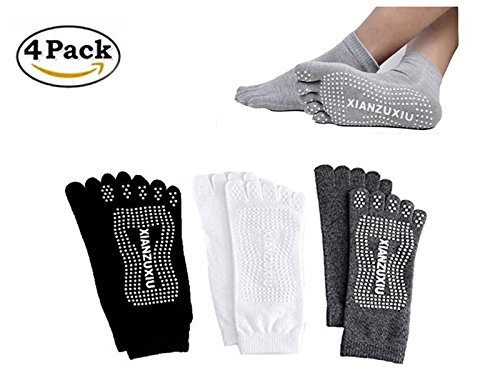 SANIQUE 4 paires Hommes Cinq Chaussettes Doigts Chaussettes Yoga en Coton de Chaussettes Anti-dérapant Chaussette Orteil Complet-Doigts de Pied Séparés Grip Socks - EUR 38-44 (Groupe 2)