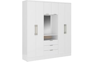 Vente-unique-Armario 6 Puertas y 3 cajones - con Espejo - 180 cm de Ancho - Color: Blanco - ELORIO