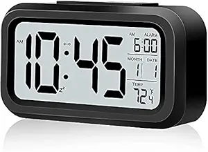 CADIZAR ABS PLASTIC Battery Operated Clear Display Automatic Sensor Digital Smart Alarm Clock with Date & Indoor Temperature with Snooze Time for Kids (Black)
