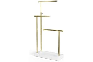 SRIWATANA Love-KANKEI Soporte de exhibición y almacenamiento de joyas con bandeja de madera y 3 barras de alambre (altura ajustable) para organizar collares Pulseras y pendientes (branco lavado)