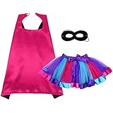 Superhero Cape and Mask Costumes with TUTU Skirt Fancy Dress Set for Girls Dress Up Costumes Superhero Party Cosplay Outfits (Rose-Black)