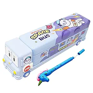 Parteet Combo Pack of Multicolour Cartoon Printed School Bus Metal Pencil Box with Moving Tyres,Sharpner and Unicorn Pen for Kids(Pink)