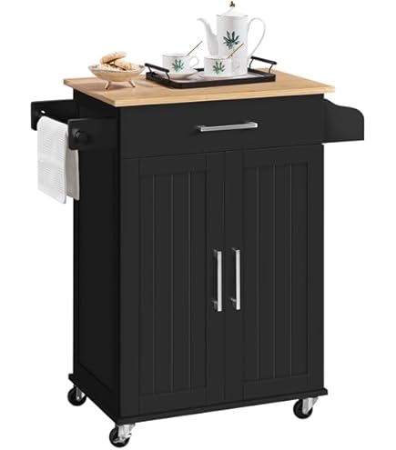 Desserte De Cuisine BENDOR Noire Avec Plateau En Bois D'hévéa - 56x46x90 Cm, 4 Roues, Tiroir, étagères, Style Contemporain