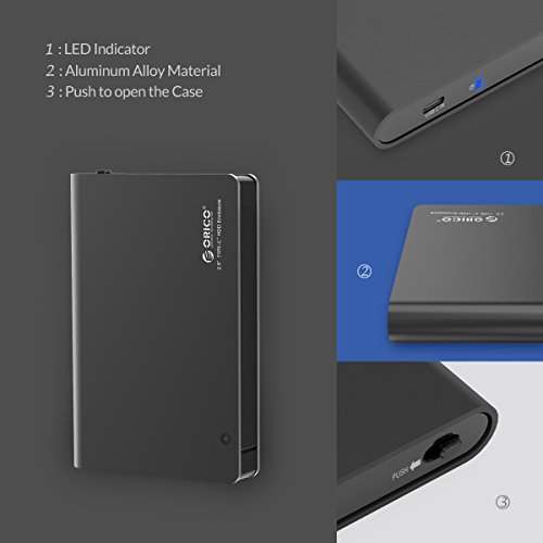 ORICO Aluminium 2,5″ USB Typ C Festplattengehäuse Extern, USB 3.0, für SATA 2,5-Zoll Notebook Interne HDD und SSD von 9,5 / 12,5 mm, Werkzeugfreie Montage, Hochgeschwindigkeits 5 Gb/s, UASP Beschleunigung - 5