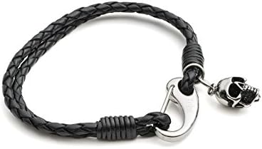 Tribal Steel T1392_19 Plaited Black Leather 2-Strand with Stainless Steel Skull Charm and Shrimp Clasp