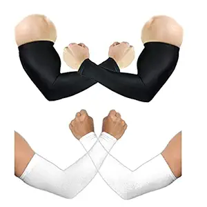 SAKAR Arm Sleeves for men and women No Rashes Pure Cotton No Harmful Ultra Thin Arm Sleeves for Sun Protection Bike Riding Sports Athlete Gym Workout Pack of 2 (Black & White)