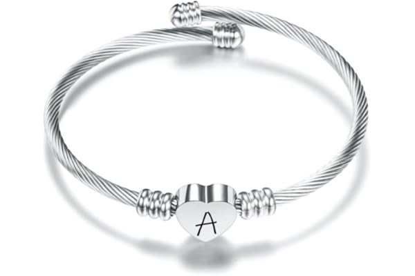 Suonie Plata Amor Corazón 26 Letra Inicial Alfabeto A-Z Pulsera Joyería Regalo Ajustable Para Hija Hijo Hermanas Amigos Madre Colega Amante Cumpleaños Navidad