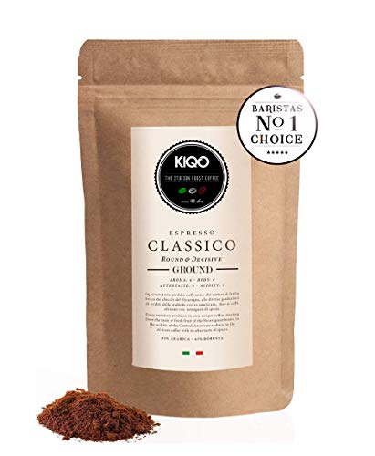 KIQO Classico 250g Espresso | excelente café tostado premium de Italia | tostado suave en lotes pequeños | relativamente bajo en ácido y digerible | 35% Arábica y 65% Robusta (café molido, 250g)