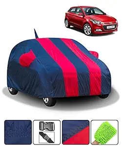 Fabtec Car Body Cover for Hyundai Elite i20 with Mirror Antenna Pockets (Full Sized, Full Bottom Elastic, Red & Blue Stripe Design)