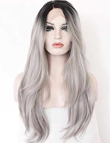 VANGEL Ombre Gray 2 Tones Synthetic Lace Front Wig Dark Roots Long Natural Straight Silver Grey Replacement Hair Wigs For Women Heat Resistant Fiber Hair Half Hand Tied 22 Inches