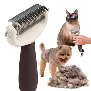 Pet Dematting Brush - Undercoat Rake Deshedding Tool for Long Haired Dogs & Cats - Double-Sided Detangler for Grooming Fur (Sable Brown)