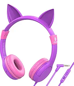 iClever Kids Headphones with Microphone, 85/94dB Volume Limiter, Cat Ear Headphones for Kids, Children Headphones for School/Travel/Tablet/E-Learning/iPad, Rose & Purple