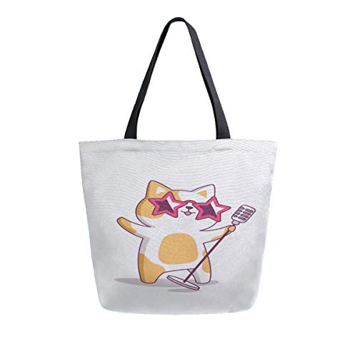 Preisvergleich Produktbild Kopfhörer Musik Katze Tier Tragbare Große Doppelseitige Lässige Canvas Tragetaschen Handtasche Schulter Wiederverwendbare Einkaufstaschen Duffel Geldbörse Für Frauen Männer Lebensmittelgeschäft Reise