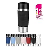 Thermo/mobiler Kaffeebecher Emsa N2010500 Travel Mug Wave-Design, Thermobecher/Isolierbecher, 360ml, hält 4h heiß/ 8h kalt, 100% dicht, auslaufsicher, Easy Quick-Press-Verschluss, 360°-Trinköffnung, Farbe schwarz