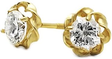 Little Treasures 14 ct Gold Stud Earring CZ Fancy Round Stone Yellow Gold Earring With Screw Back For Kids &amp; Teens