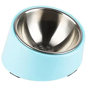 SUPER Design Detachable Stainless Steel Food Bowl with 15 Degree Slanted Anti-Skid Melamine Stand, for Dogs and Cats, M, Light Blue