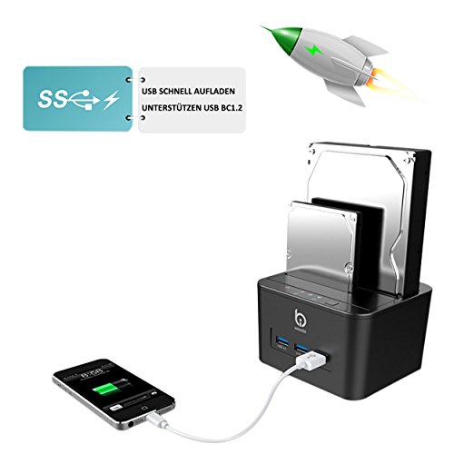 Techkoo Dual Bay Festplatten Dockingstationen, Festplatten Docking Station mit 3Ports USB 3.0 Hub, mit Netzteil Adapter, SATA 2,5/ 3,5Zoll HDD SSD SATA Festplatten - 4