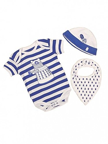 Official BBC Dr Who Dalek 3 piece Bodysuit Set with Hat & Bib Blue & White Short Sleeve Playsuit, Romper, Babygrow (3-6 Months)