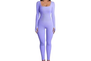 Rongseng Jumpsuit Damen Langarm Quadratischer Hals Sport Jumpsuit Lang Eng Stretch Einteiler Bodycon Yoga Bodysuit Overall Gerippt Gestrickt Workout Playsuits Sportanzug Trainingsanzug Club Outfit