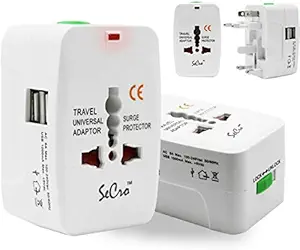 SeCro Plastic Film Universal Travel Adapter with Built in Dual USB Charger Ports with 125V 6A, 250V Surge/Spike Protected Electrical Plug (White)