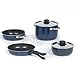 Produktbild Kochtopf Set 7-teilig aus Aluminium für 4 Personen. Töpfe und Pfanne mit einem Universalgriff. Nestbar. Mit Transportnetz. Camping Kochgeschirr für Reisen und Festivals. Alu Kochset beschichtet.