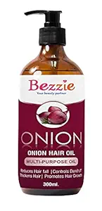 Bezzie Onion Hair Oil with Almond, Olive, Moroccan, Black Seed Oil, Vitamin E for Hair Growth & Hair Fall Control for Men & Women 300- ml