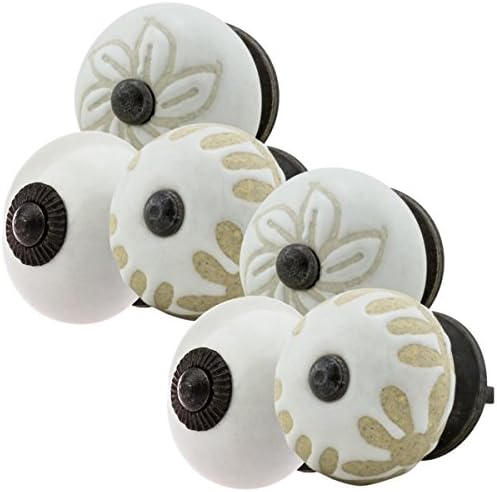 Ceramic Furniture Knobs Assorted Set No.51 6 pcs etched white creme Multicolour handpainted porcelain drawer pulls cabinet knob handles - Jay Knopf