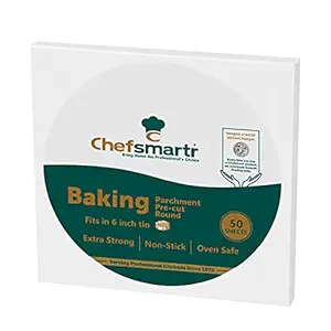 Chefsmartr Baking Parchment Paper Roll for Baking & Cooking | Cake, Sandwich, Pizza, Burger Baking | FDA Certified | Organic Fibre | Fat Free Cooking | Eco-Friendly | Non-Stick | Oven Safe | Size - precut round fits in 6 inch tin | 50 sheets