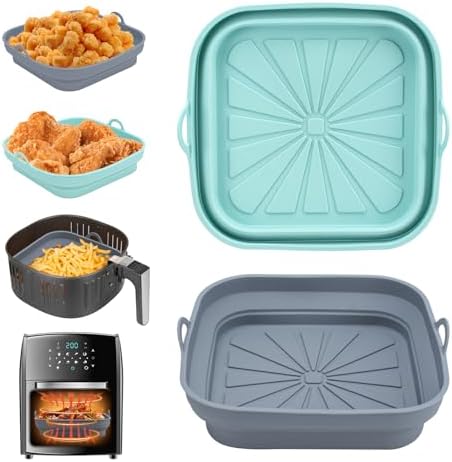 Alyvisun Teglie Accessori per Friggitrice ad Aria, 2 Pezzi Teglia in Silicone per Air Fryer Contenitori Cestello Riutilizzabile Quadrato Tappetino Stampi Per Airfryer, Microonde, Forno (Blu+Grigio)