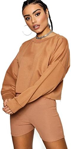 YourPrimeOutlet Womens Camel Soph Raw Hem Oversized Boxy Sweat - L