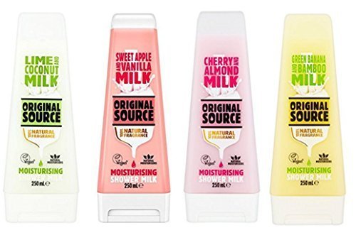 Original Source Doccia Latte Set 4 x 250 ml Idratante con naturale Fragranze Lima & Cocco, Ciliegia & Mandorle, Banana & Bamboo, Mela Dolce & Vaniglia